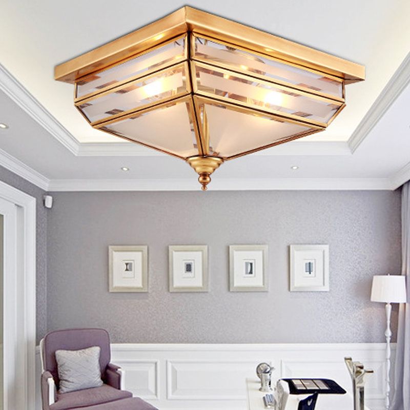 11.5"/16" W Brass 3 Lights Flush Ceiling Lamp Traditional Beveled Glass Square Flush Mount Lighting