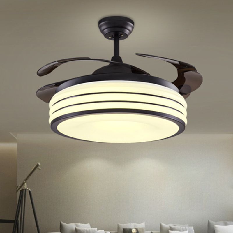 Schwarz/Silber -Drum Semi Flush Light Modernes Metallic Wohnzimmer 42 "W LED Deckenlüftungsleuchte mit Wand/Fernbedienung, 4 Klingen