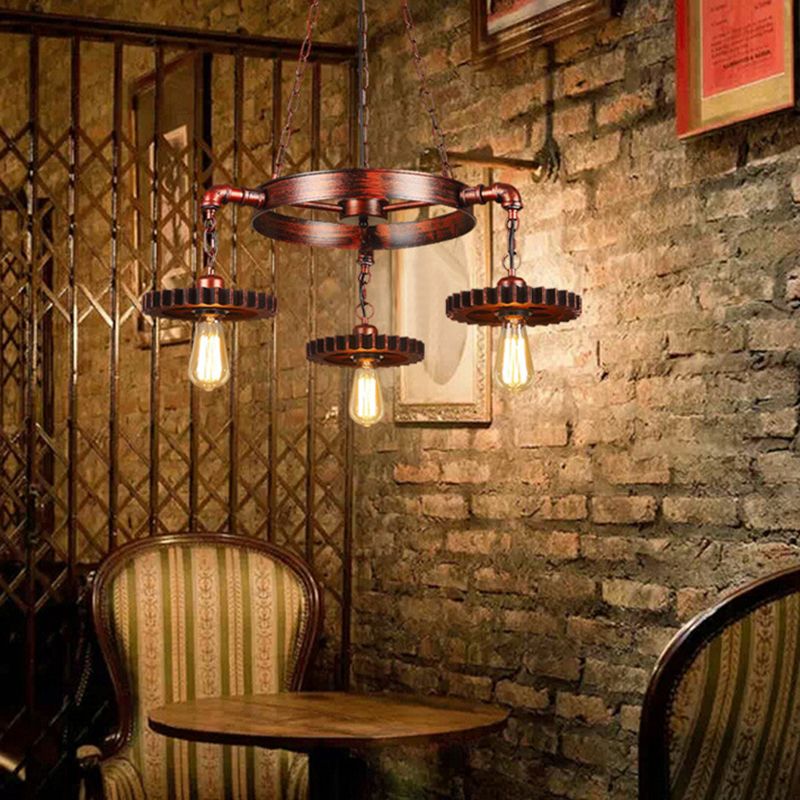 3/7 cabezas iluminación colgante de engranajes con bombilla abierta estilo antiguo de óxido oscuro lámpara de lámpara de lámpara para restaurante
