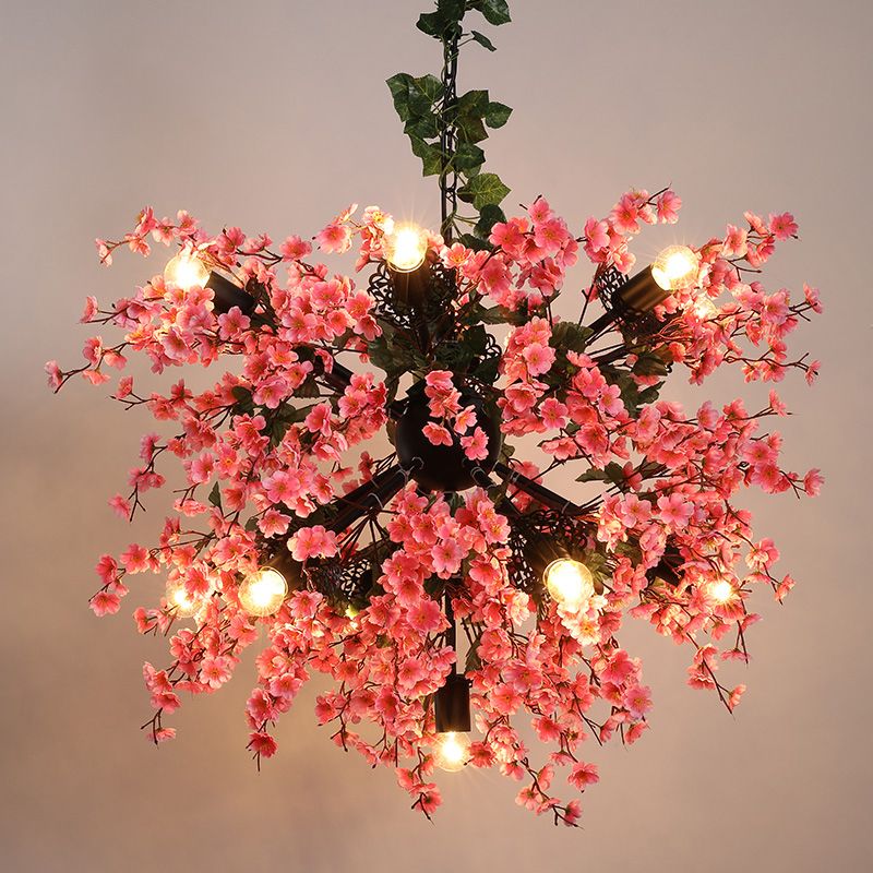13 Köpfe Eisendecke Beleuchtung Vintage Pink Starburst Restaurant Kronleuchter Leuchte mit Kirschblütendekoration