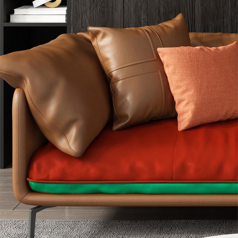 Pillow Top Arm Sofa Faux Leather Down Fill Cushions Sofa in Orange