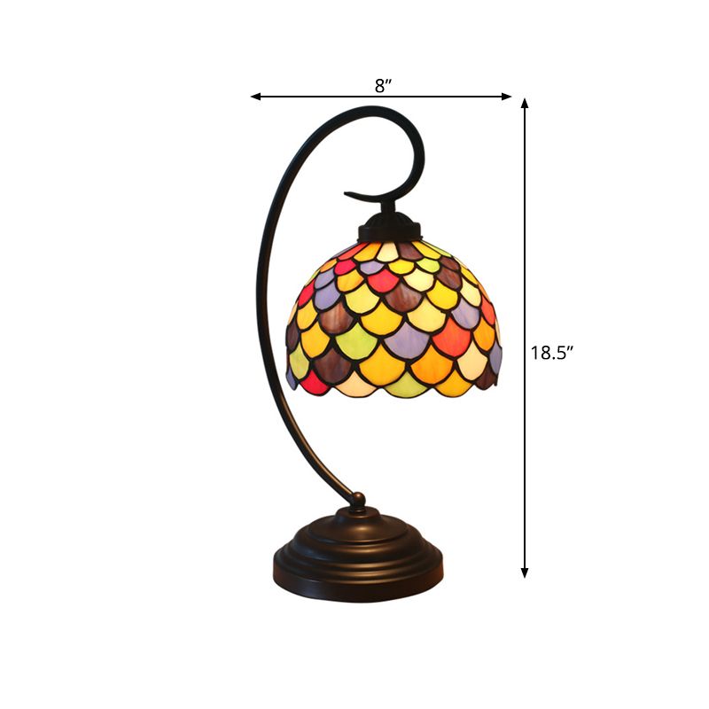 Domed Nightstand Lighting 1 Light Stained Glass Victorian Fishscale Patterned Task Lamp in Dark Coffee with Curved Arm