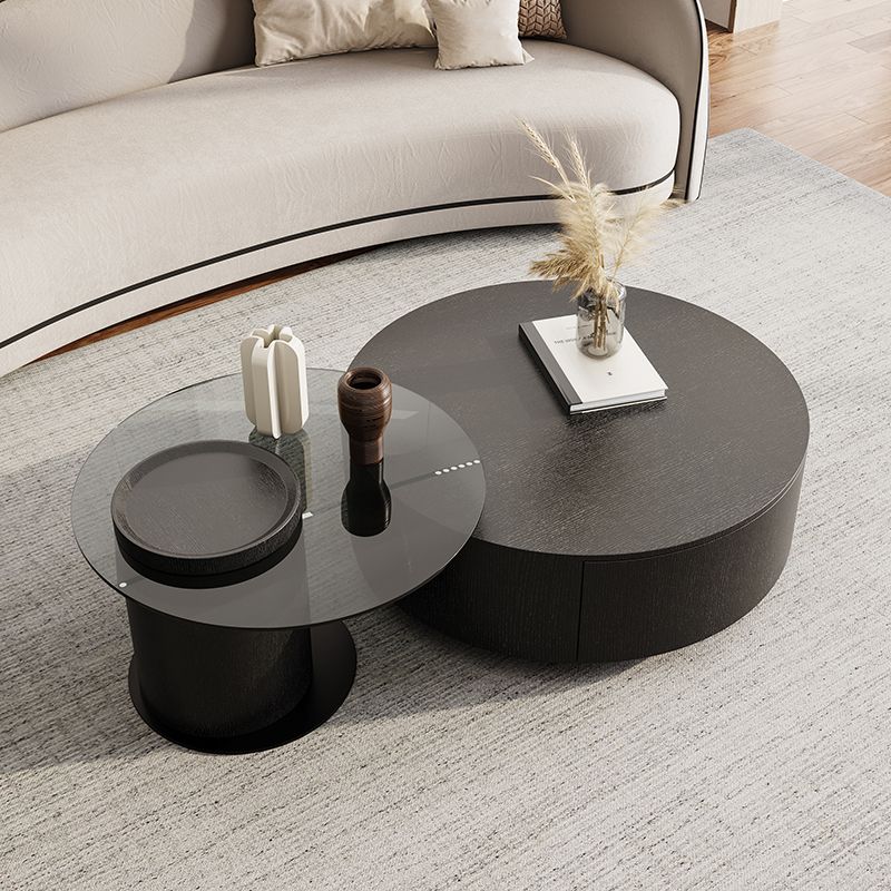 Round Coffee Table Modern Pedestal Nesting Coffee Table Set with 2 Drawers