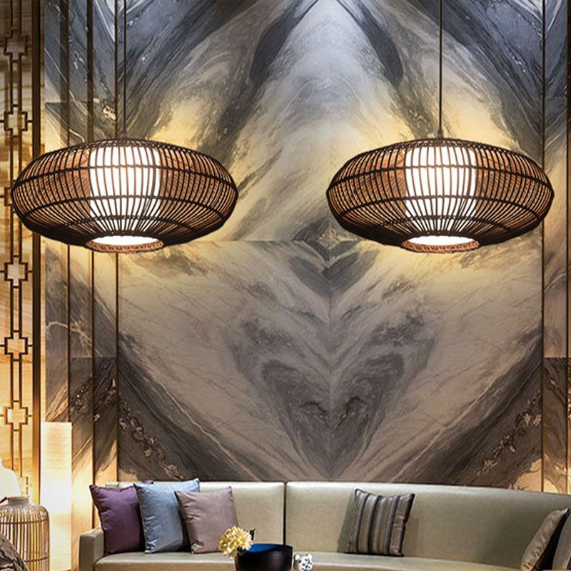 Lantern Pendant Lamp Asia Bamboo 1 Bulb Coffee Ceiling Hanging Light with Inner Tube White Acrylic Shade