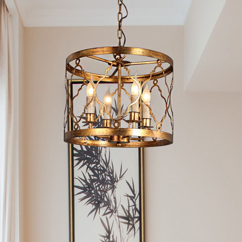 Metal Drum Shade Chandelier Lamp Retro 4-Head Bedroom Pendant Ceiling Light in Gold