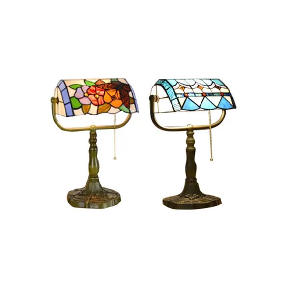 Blue/Orange 1 Light Table Lamp Tiffany Stylish Stainless Glass Rollover Shade Bankers Table Lamp with Pull Chain