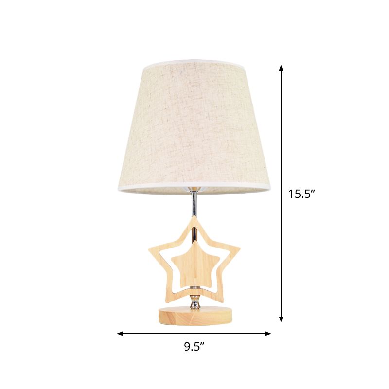 Wood Star Nightstand Lamp Modern 1 Light Table Light with Barrel Fabric Shade in Beige