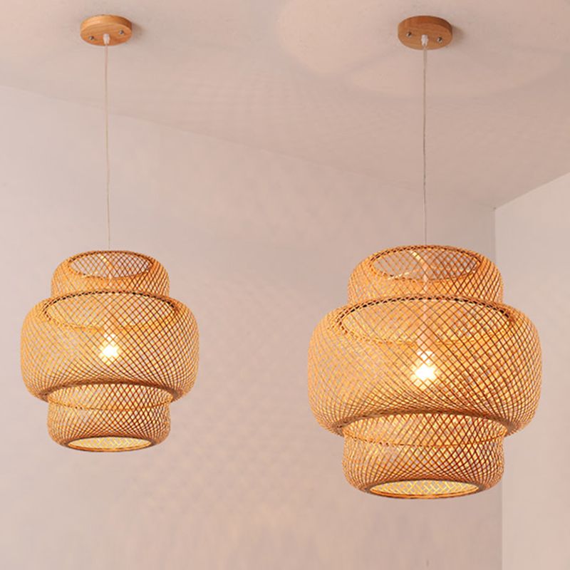 Asian Style Bamboo Weaving Lantern Hanging Light Wooden Single Bulb Ceiling Suspension Lamp for Cafe Shop