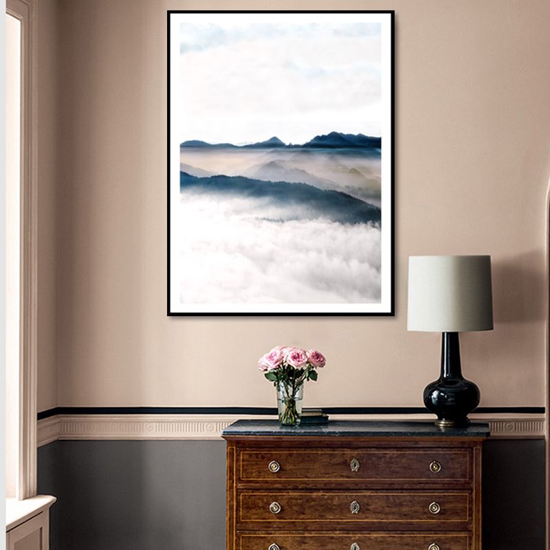 Modern Scenery Foggy Mountain Canvas Print White Textured Wall Art for Living Room