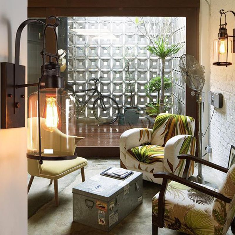 Industrial Vintage Single Wall Light Wrought Iron Indoor Wall Lamp with Clear Glass Shade