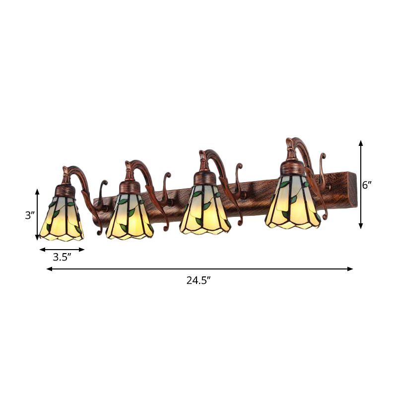 Rustic Bathroom Lighting with Leaf Pattern Stained Glass 4 Lights Wall Sconce Lamp in Copper/Antique Brass/Beige