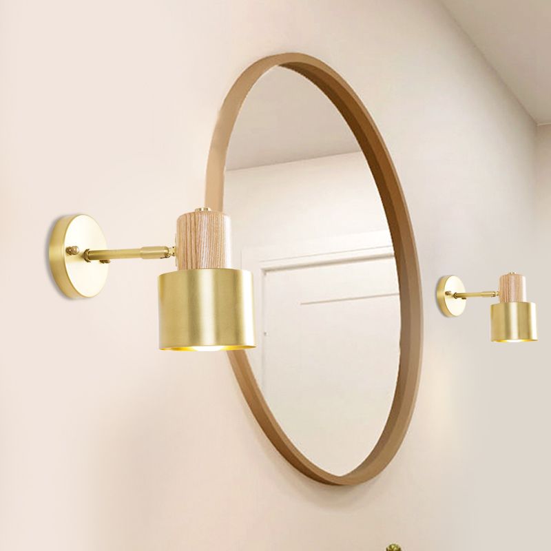 Beige/Brown Cylinder Wall Sconce Colonialism Metal 1 Light Bedroom Wall Lighting Fixture with Wooden Top