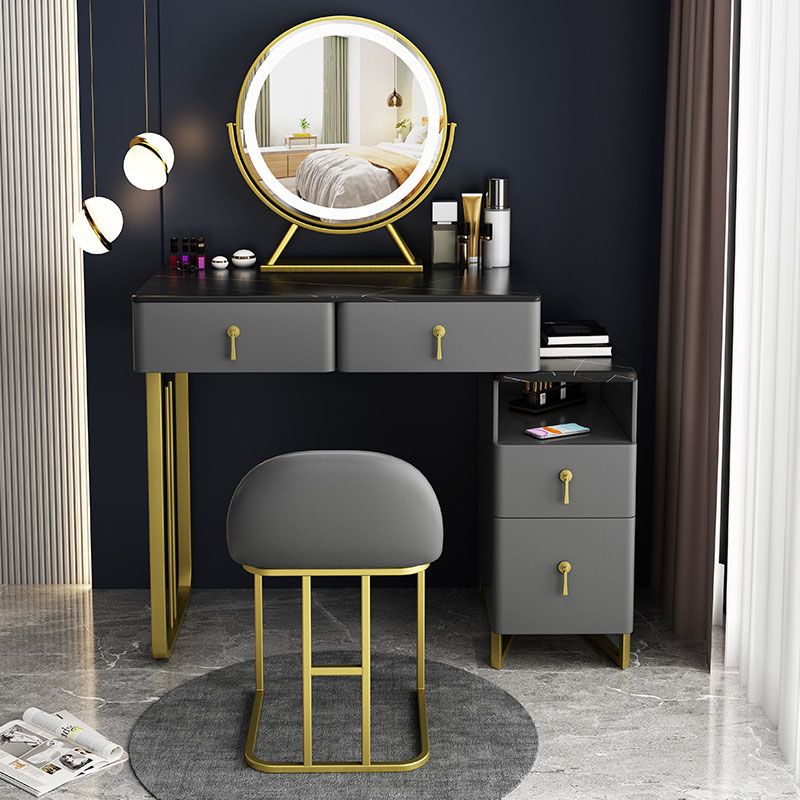 Glam Dressing Table Genuine Leather Vanity Table with 4 Storage Drawers