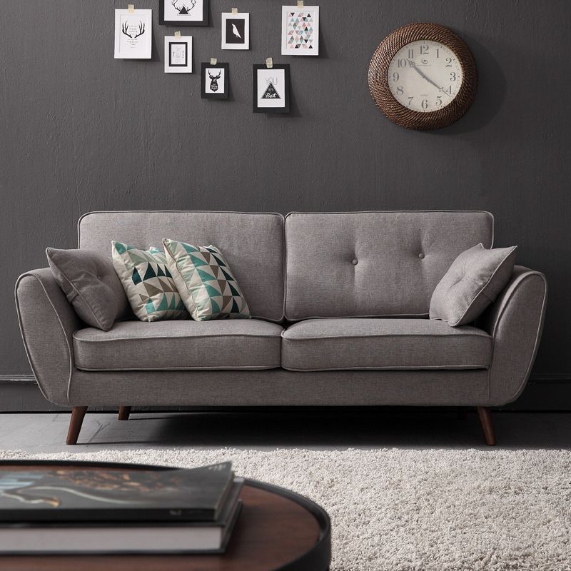 Modern 4 Wood Legs Sofa Tufted Fabric  Standard Flared Arm Sofa
