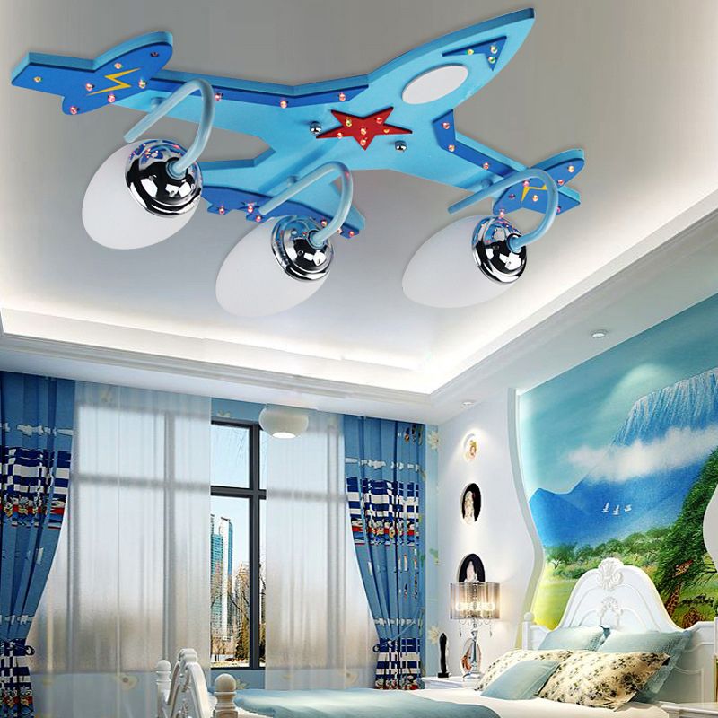 Blue Plane Flush Mount Lamp Kid 3-Light Wooden Ceiling Light with Oval Milky Glass Shade