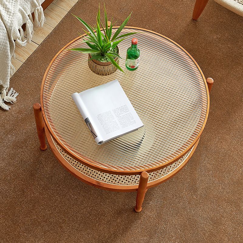 Tropical Round Cocktail Table Glass Top Coffee Cocktail Table with Shelf