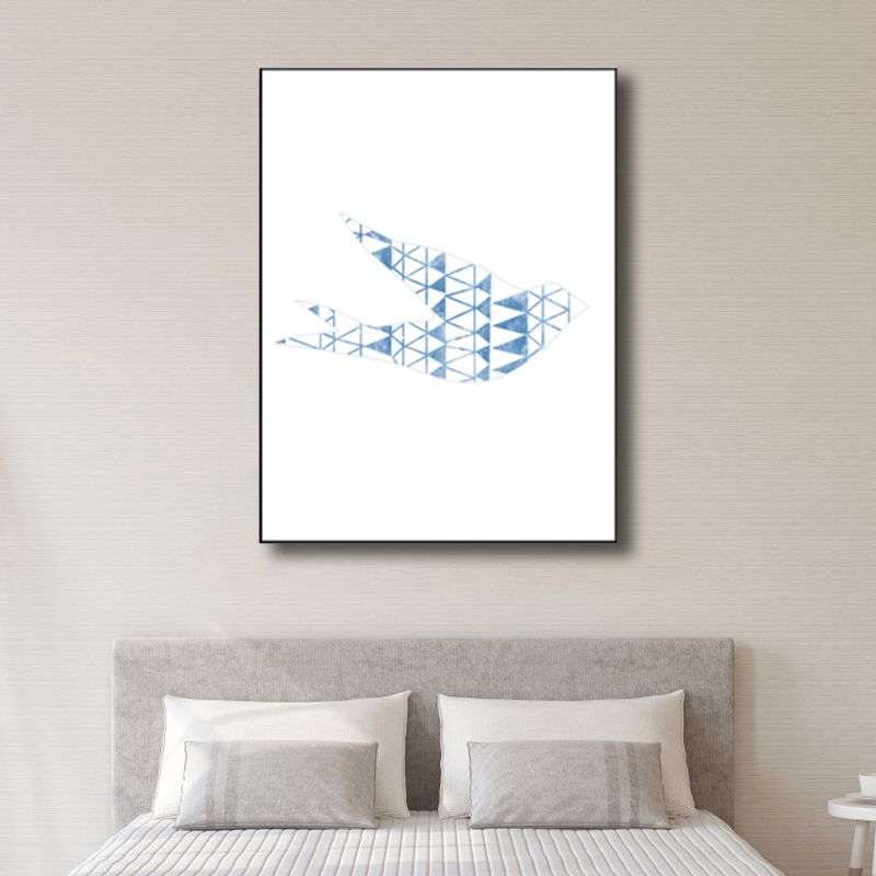 Kids Style Flying Bird Art Print Boys Bedroom Wall Decor in Blue on White, Textured
