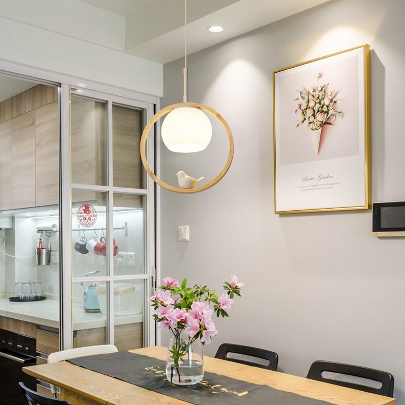 Dome Shade White Glass Pendant Nordic Style Wood Suspension Light with Ring and Bird