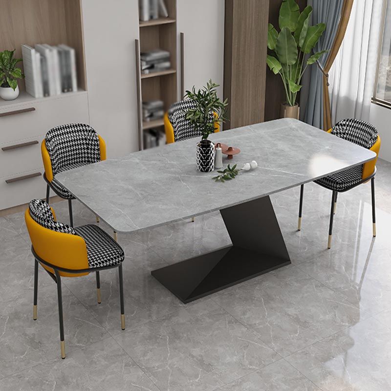 Stone Top Rectangle Dinner Table Modern Iron Pedestal Casual Dining Table