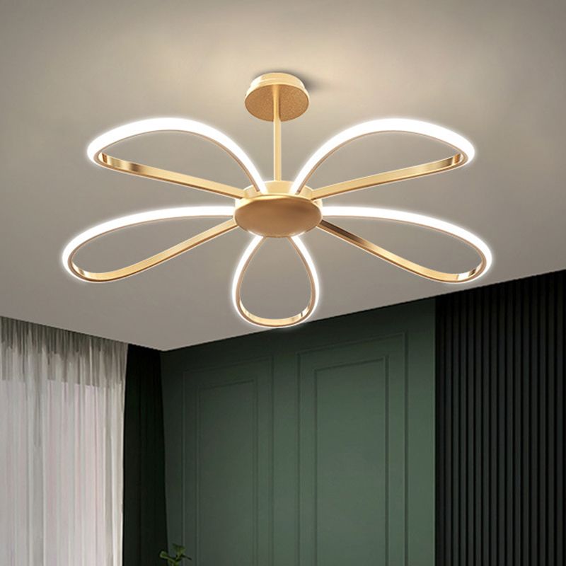 Flower Chandelier Light Fixture Simple Metal Living Room LED Hanging Light Kit in Gold
