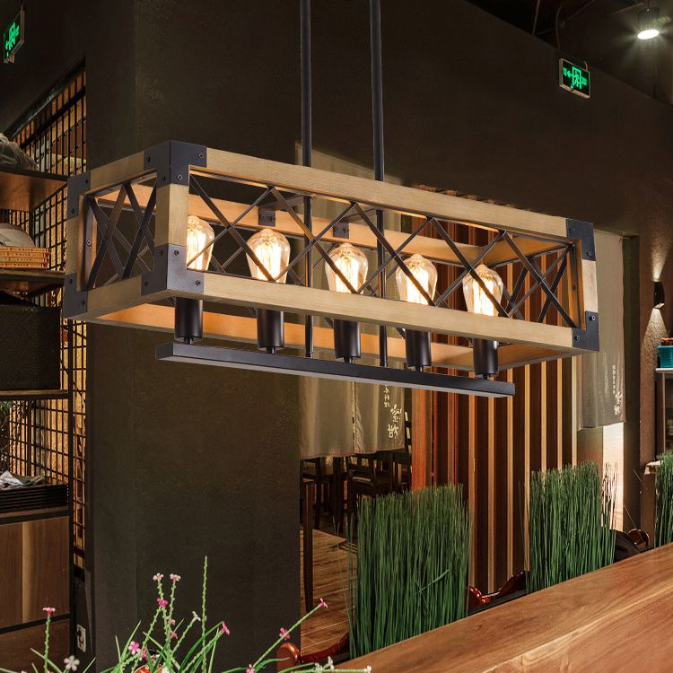 Wood Rectangular Island Chandelier Light Industrial Living Room Hanging Lamp in Beige