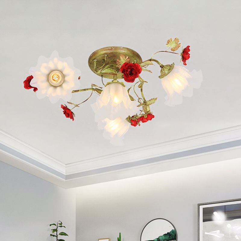 Éclairage de plafond en spirale de jardin coréen 4/6 têtes Opal Verre semi-flustion Mont en vert avec rose rouge