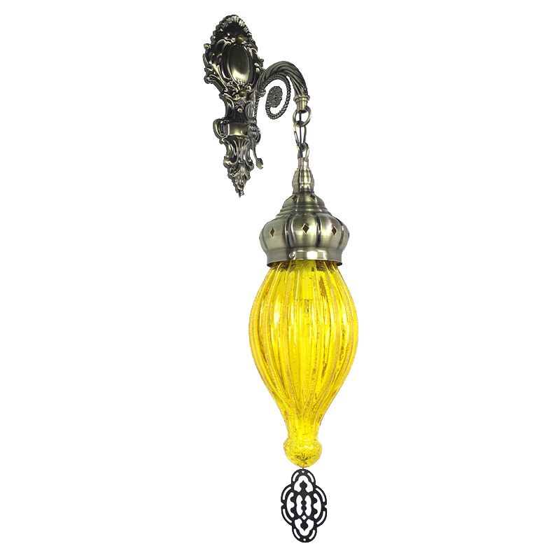 Traditional Teardrop Sconce Black/White/Light Blue Glass 1 Head Wall Mounted Lamp with Carved Metal Arm