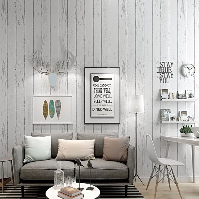 Plain White Wood Wallpaper Vertical Stripe Non-Pasted Decorative Wall Covering
