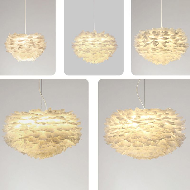 White Drum Pendant Light in Modern Creative Style Wrought Iron Chandelier with Feather Shade