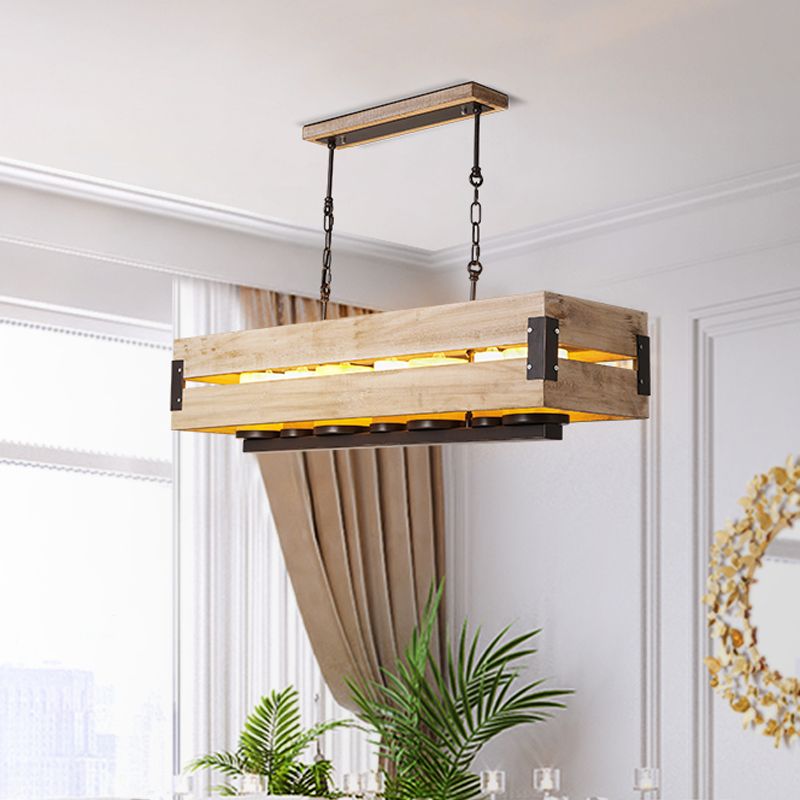 Rectangular Wooden Island Pendant Light Rustic 7 Lights Dining Room Hanging Lamp in Brown