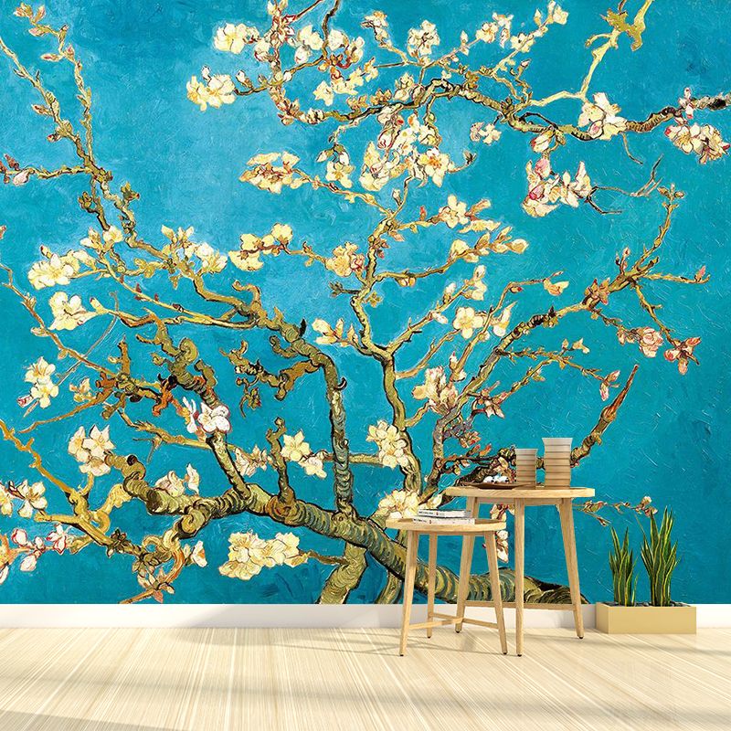 Asian Plum Tree Wall Mural Decal Yellow and Blue Waterproof Wall Decor for Bedroom