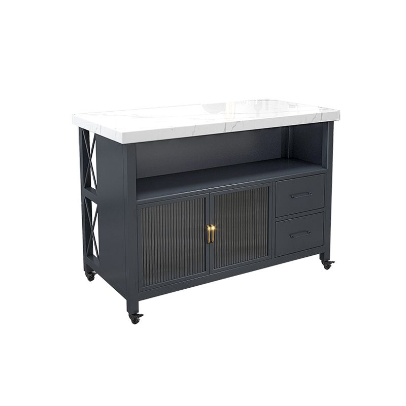 Modern White Faux Marble Kitchen Trolley with Storage Cabinet