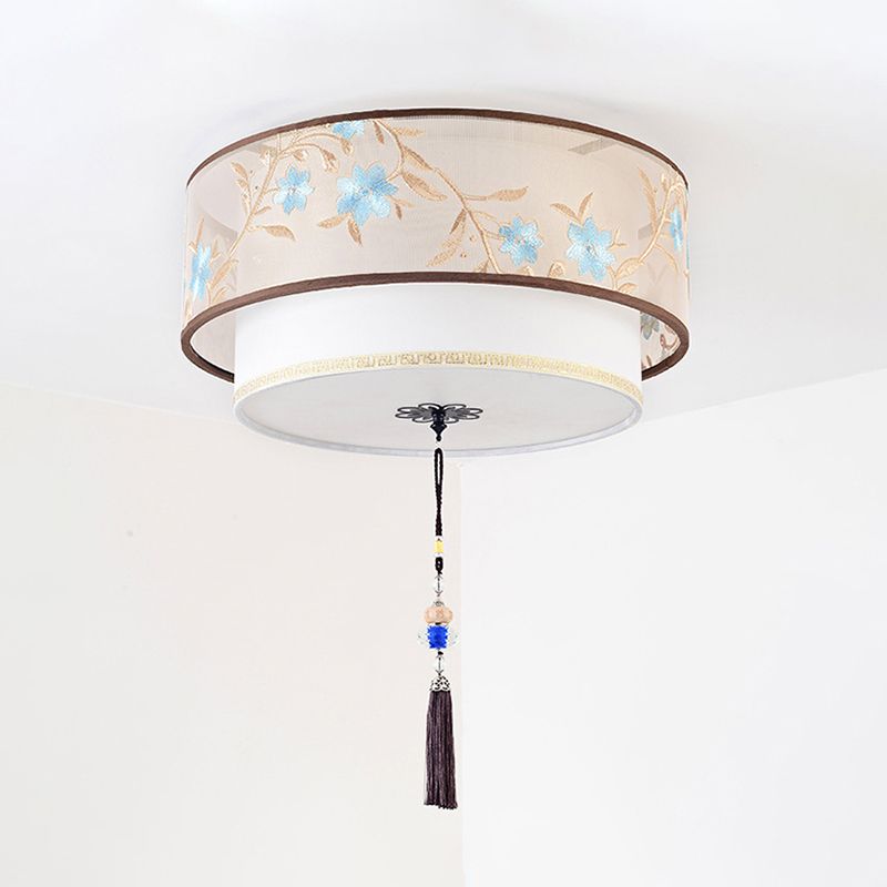 Geometry Shape Ceiling Lamp Tradition Iron Flush Mount with Fabric Lampshade for Hall