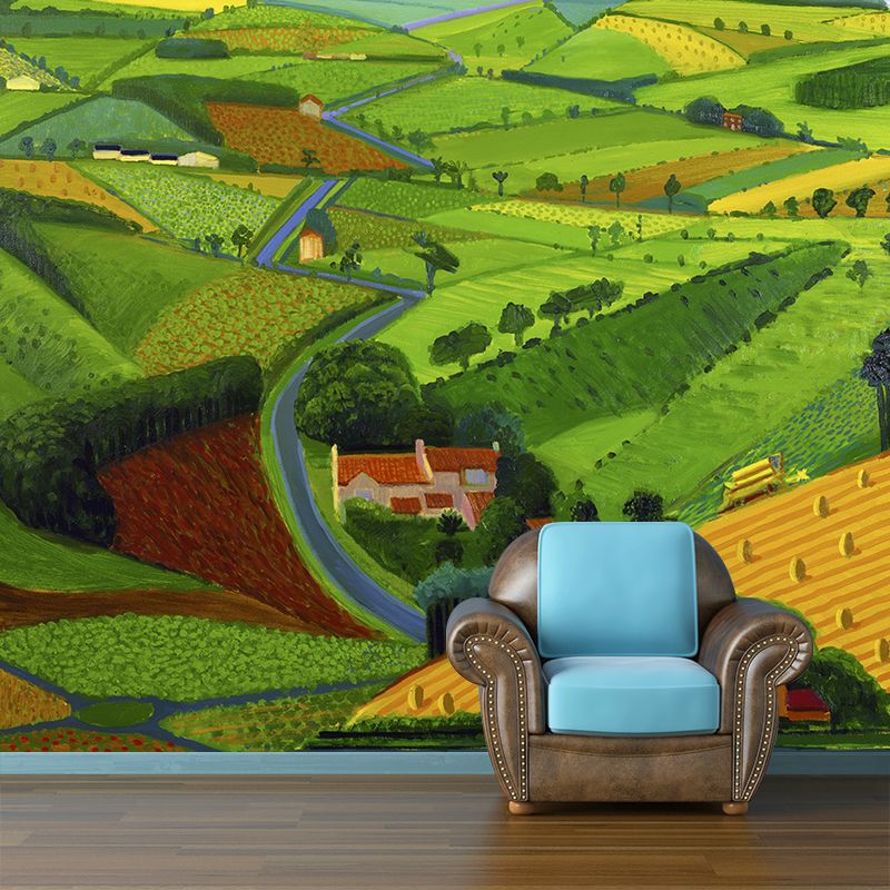 Village Landscape Overview Murals in Yellow-Green Modern Art Wall Decor for Living Room