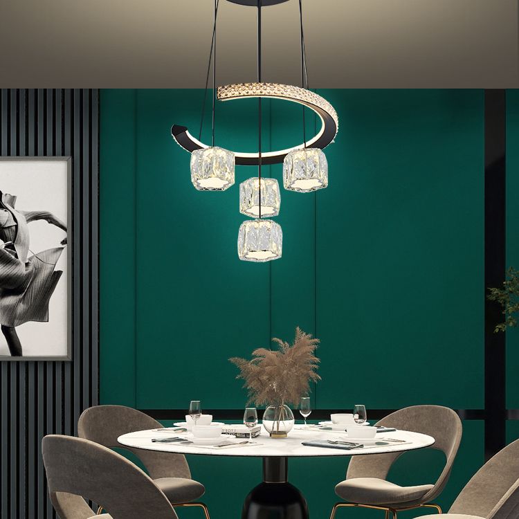 Ciondolo a cluster circolare nero moderno lampada a sospensione a LED a 5 luci a 5 luci per sala da pranzo