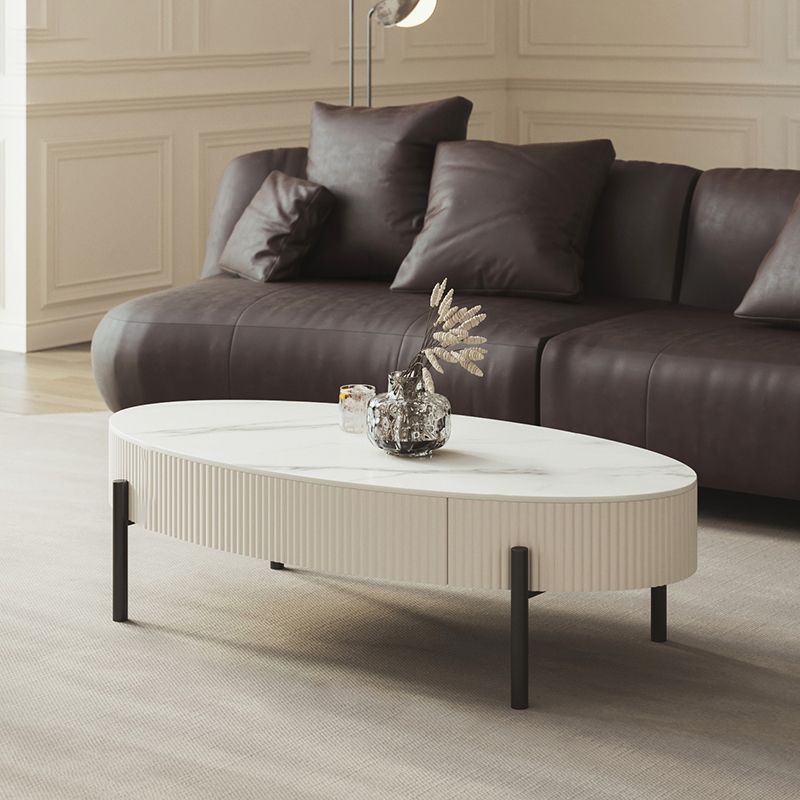Glam Coffee Cocktail Table with Storage Drawer and 4 Iron Legs