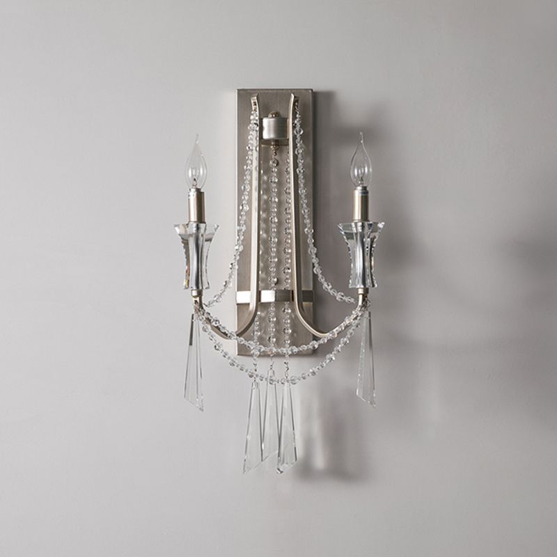 2 Bulbs Wall Mount Light Traditional Draping Crystal Bead Wall Light Fixture with Curved Arm