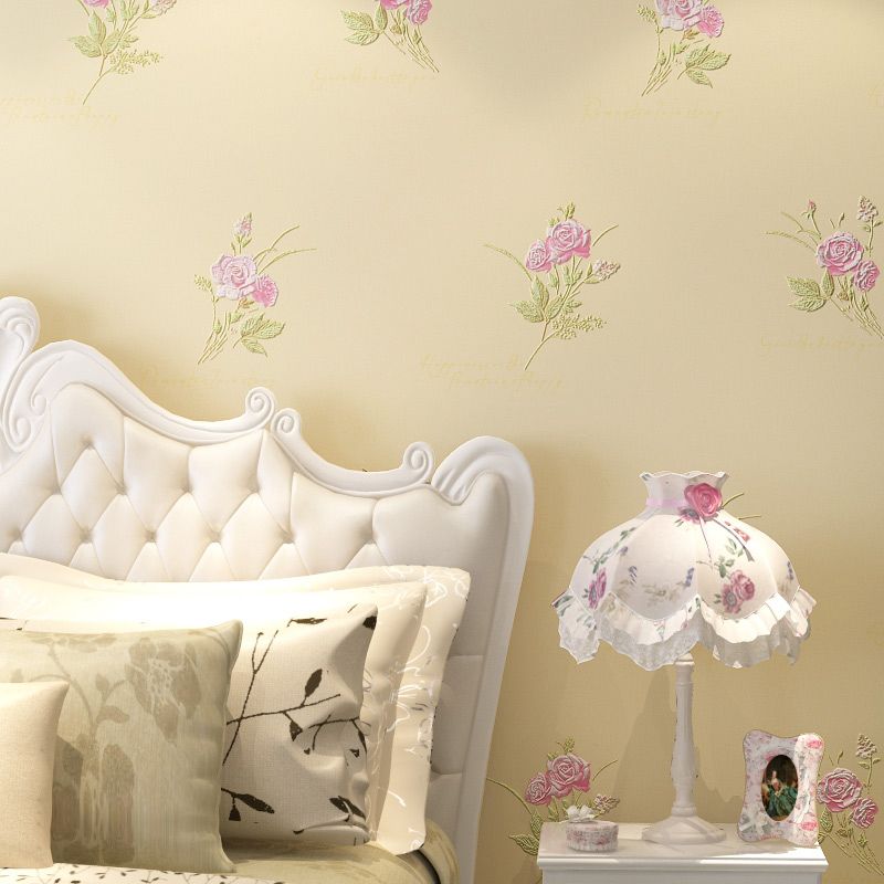 Beautiful Rose Embroidered Wallpaper for Bedroom Decoration, Pink-Beige, 54.2-sq ft