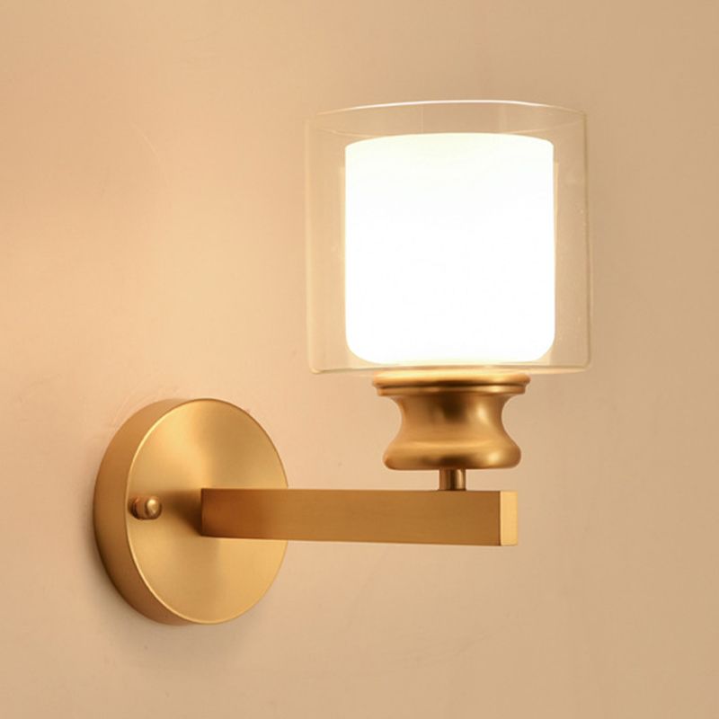 Modern 1 - Light Armed Wall Lighting Solid Brass and Cylinder Glass Shade Wall Sconce
