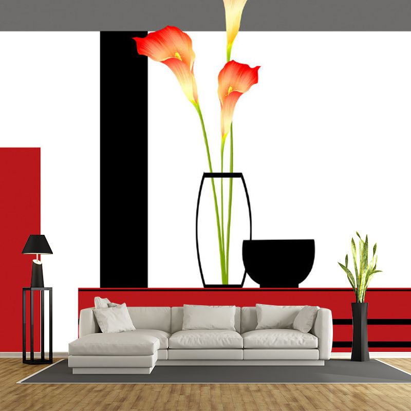 Whole Calla Lily Wallpaper Mural Artistic Beautiful Flower Wall Decor in Red-Black