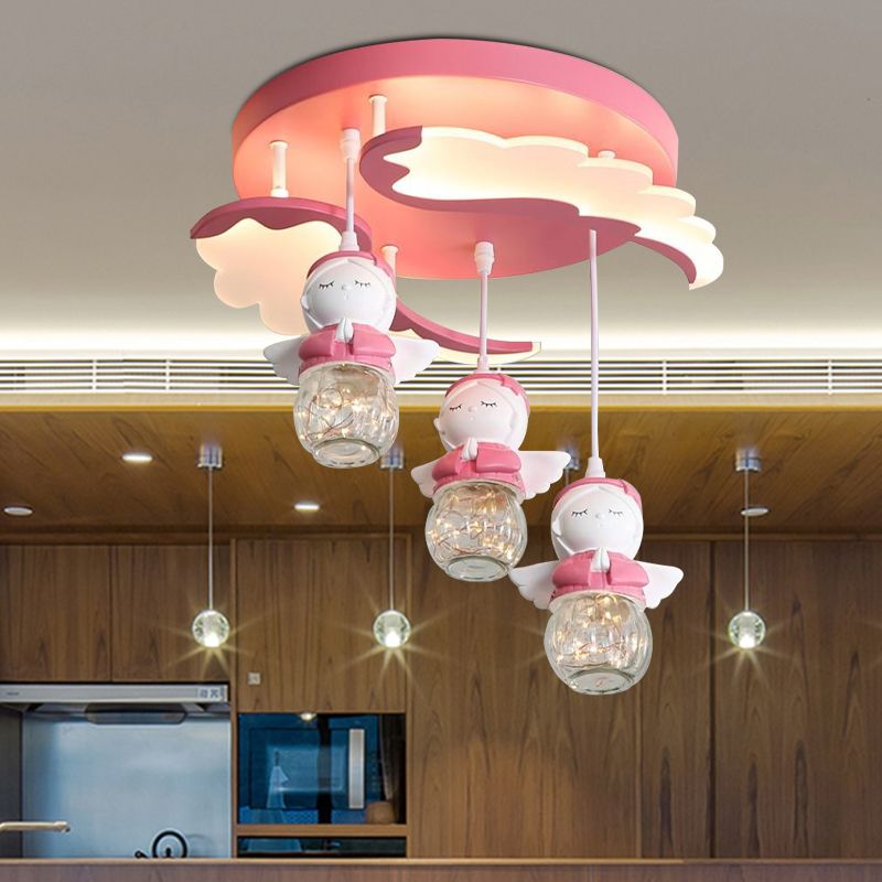 Angle Shape Semi Flush Lighting Cartoon Resin 3/4 Lights Pink Close to Ceiling Lamp with Wing Design