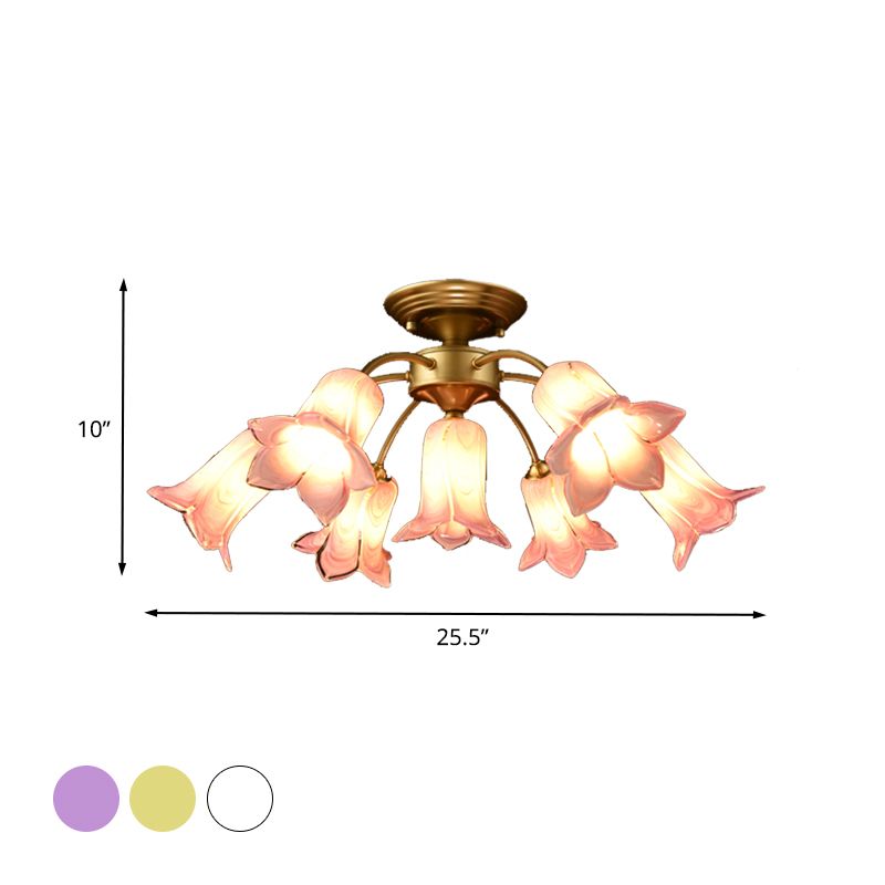 7 lampen plafondlicht platteland lelie/tulpen wit/geel/paars glas semi -spoelbevestiging verlichting voor woonkamer