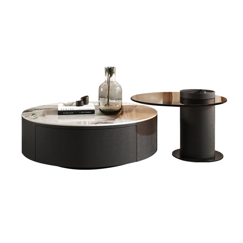 Round White Wood Coffee Table Modern Cocktail Table with Storage