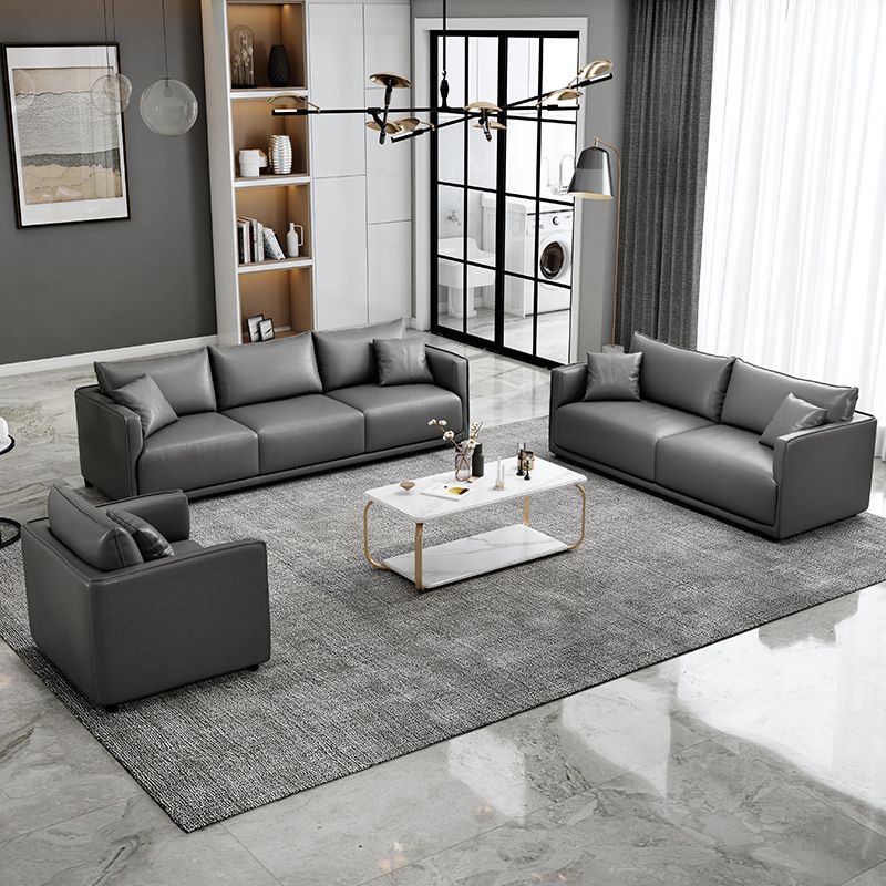 Minimalist 3-Seater Faux Leather Sofa Square Arm Loose Back Sofa