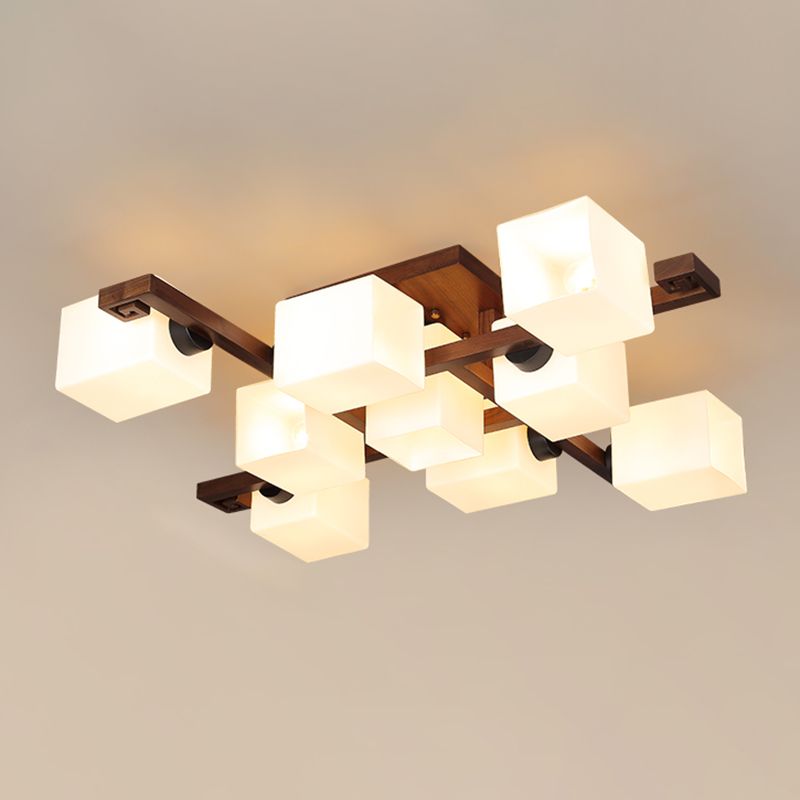 Brown Modern Wood Flush Mount Geometric Shape Ceiling Lamp with Acrylic Shade for Bedroom
