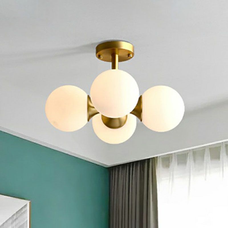 4 Lights Bedroom Ceiling Fixture Minimalist Gold Finish Semi Mount Lighting with Globe Opal Glass Shade