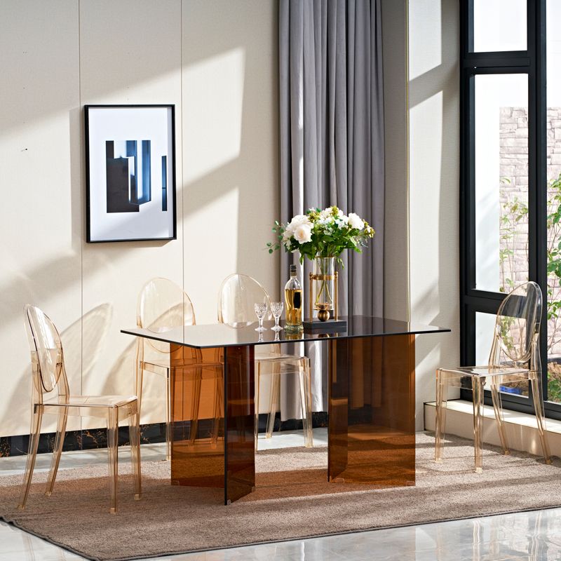 Modern Rectangle Glass Top Dining Table with Double Pedestal Base