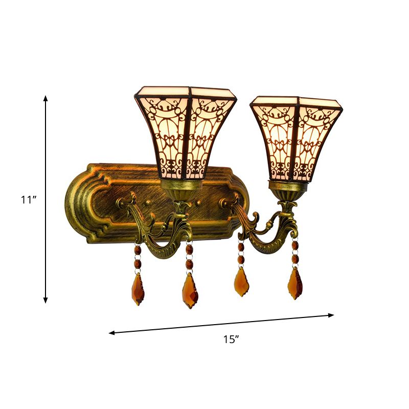 Brass 2 Bulbs Wall Mounted Lamp Mission Stained Glass 4-Sided Pyramid/Flared Wall Sconce Lighting