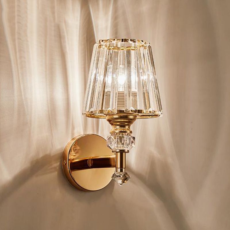 Modern Style Cone Wall Light Sconce Crystal Block 1-Light Wall Mount Lamp in Gold