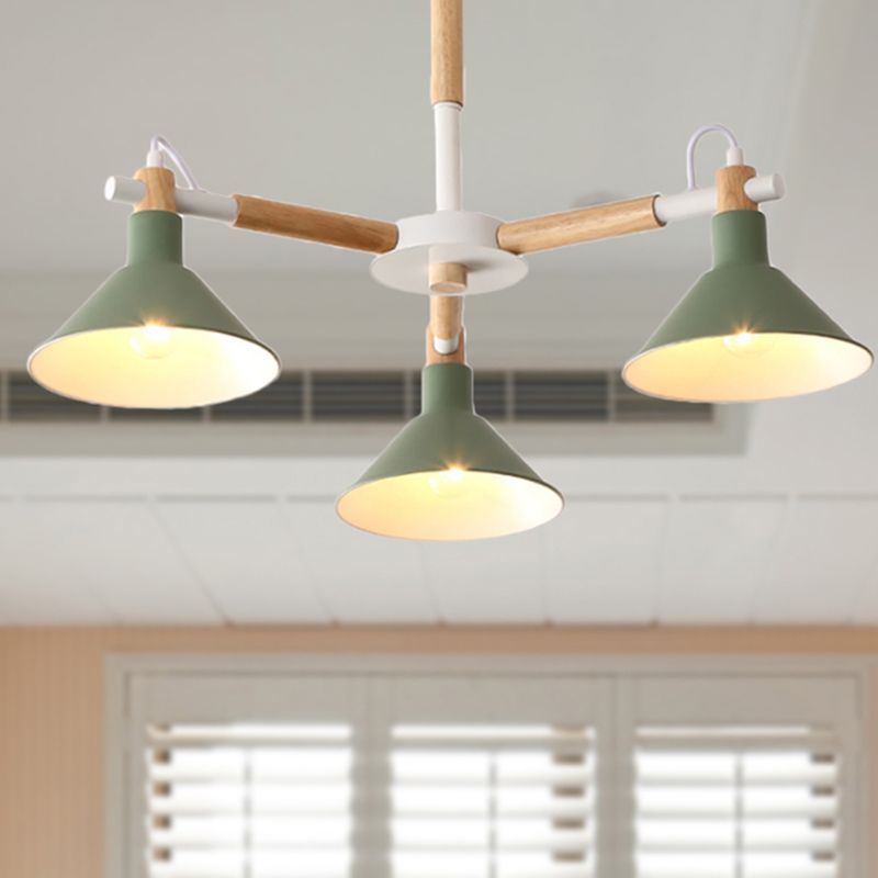 Macaroon Horn Shape Pendante Lights 3 Bulbes Métal et luminaire suspendu en bois pour salle à manger chambre à coucher